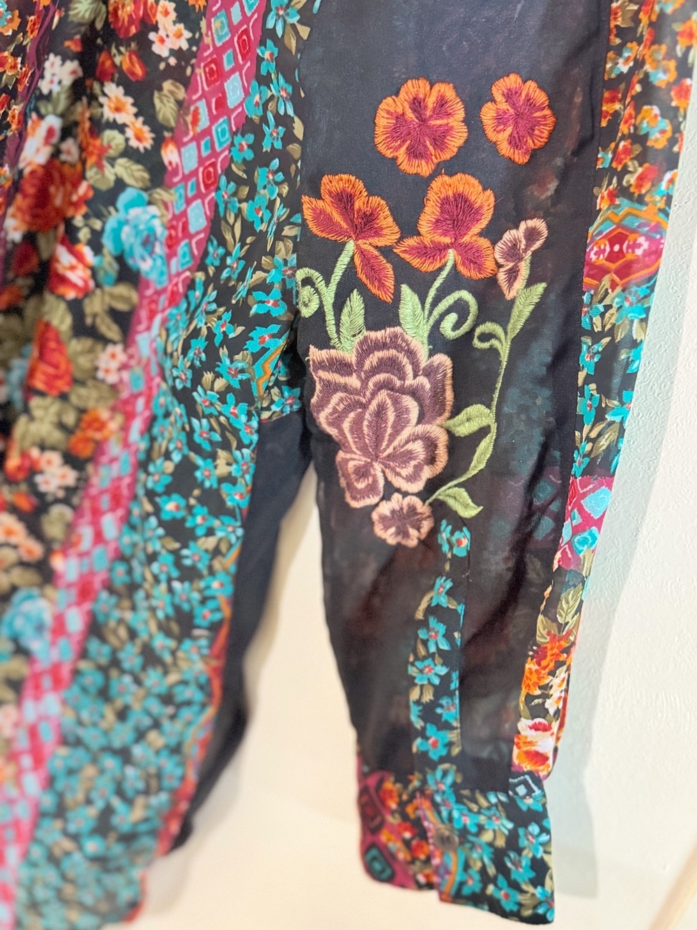 Avani Del Amour Embroidered Sheer Patchwork Floral Tunic Blouse Boho Artsy - Picture 6 of 13